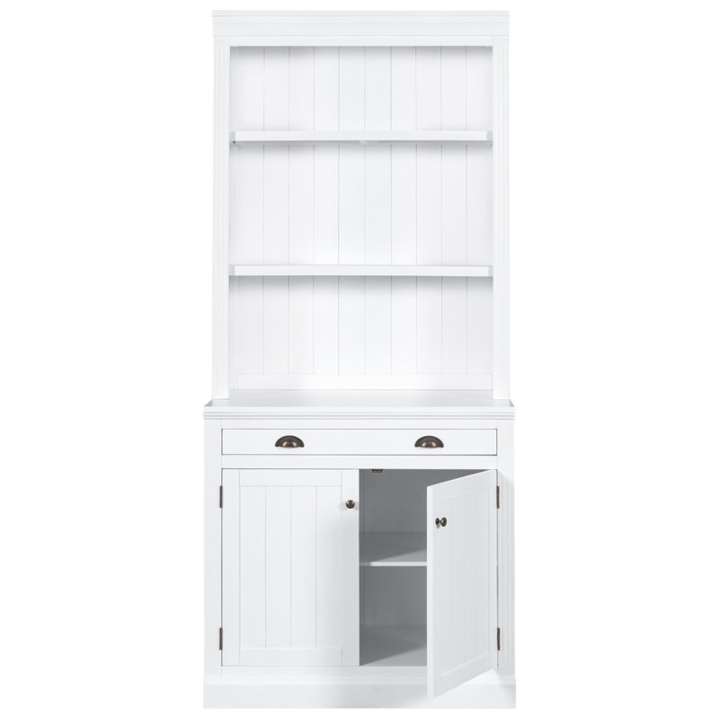 83.4" Tall White Solid Wood Bookcase with LED Lighting and Doors