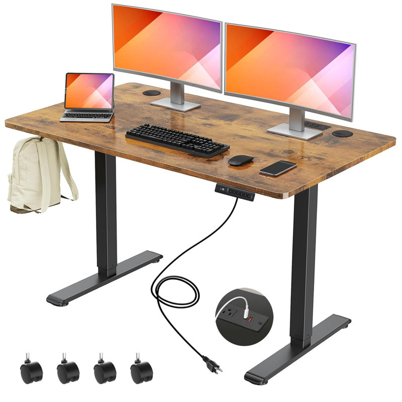 Bureau debout à hauteur ajustable électrique Hubing avec 2 ports USB et 3 prises de courant, 4 roulettes verrouillables, 2 crochets, grand tapis de souris