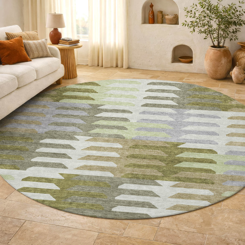 Premium Machine Washable Mayfield AMF2328 Geometric Rug, Fern, 8' Round