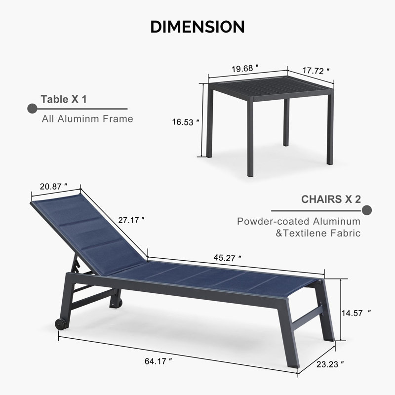 Outdoor Metal Chaise Lounge with Table, Navy Blue