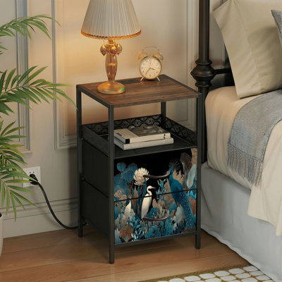 2 Drawers Nightstand with Charging Station, Bedroom Nightstand with USB Ports &amp; Outlets Open Shelf Black, night stand with Tropical seamless border Big beautiful royal birds crane heron Green Print