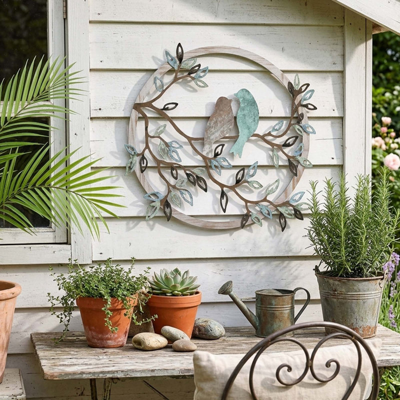 Metal Bird on Tree Branch Wall Art, Round Silhouette Hanging Decor