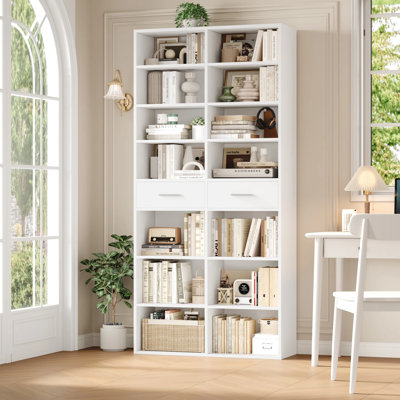 Wooden 73" Tall Bookcase with 14 Open Shelves & 2 Drawers, Adjustable Storage Organizer, Freestanding Wooden Bookshelf for Living Room & Office
