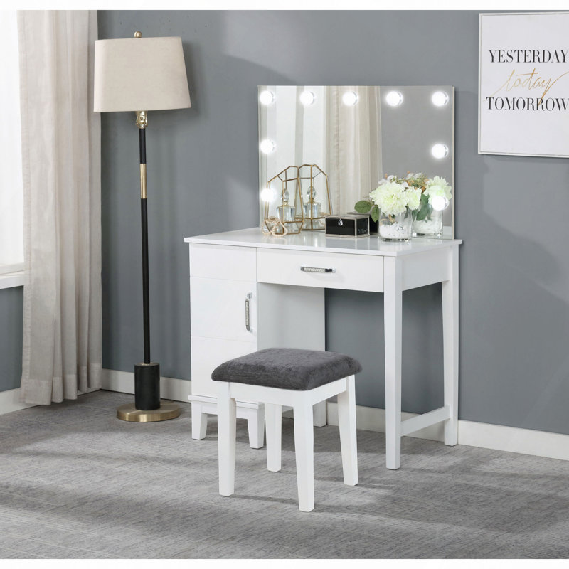 Ensemble coiffeuse blanche et gris foncé avec éclairage et tabouret