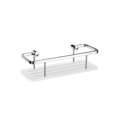 Shower caddie with solid surface base. 