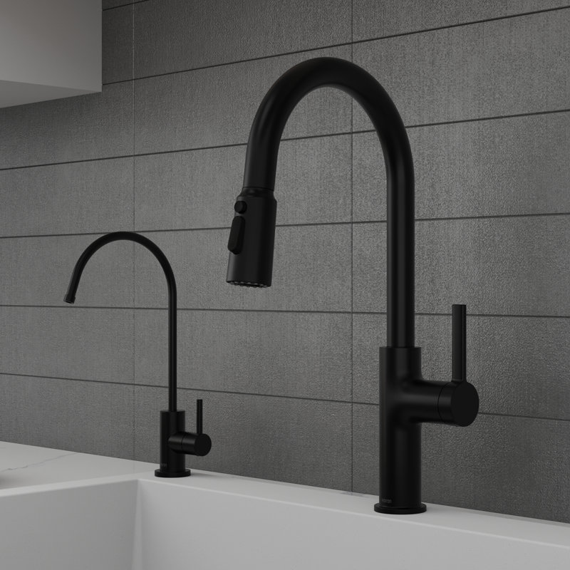 Robinet de cuisine rétractable Karran avec jet de lame, pulvérisateur à 3 fonctions, arc haut, noir mat, Noir mat