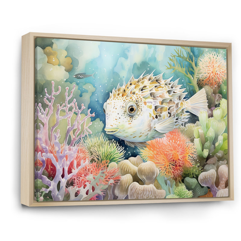 " Pufferfish Guardian Of The Coral I ", Natural Floater Framed, 12" H x 20" W x 1" D