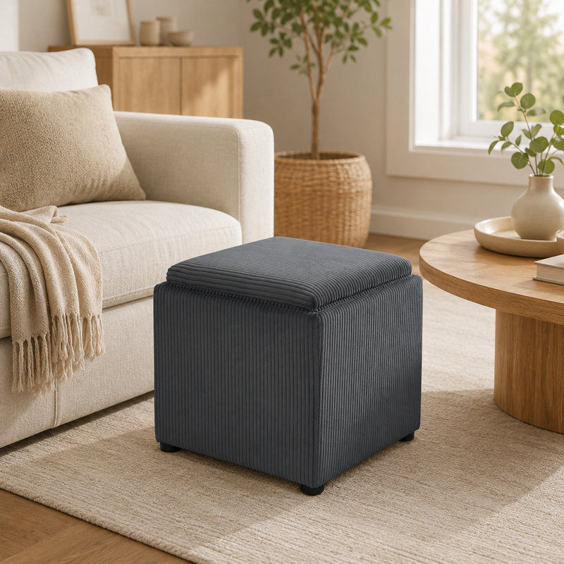 Pouf de rangement carré en velours côtelé de 44,5 cm avec couvercle à plateau rabattable pour salon