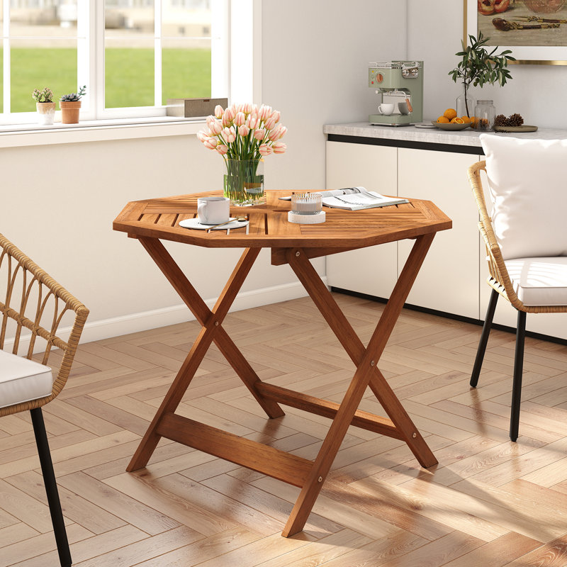  35.5'' Solid Wood Patio Dining Table w/1.97'' Umbrella Hole Slatted Tabletop