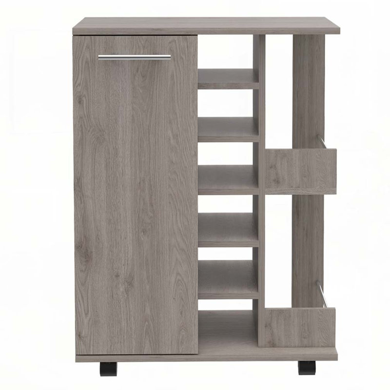 Light Oak 2-Shelf 6-Bottle Bar Cart with Division, Light Oak