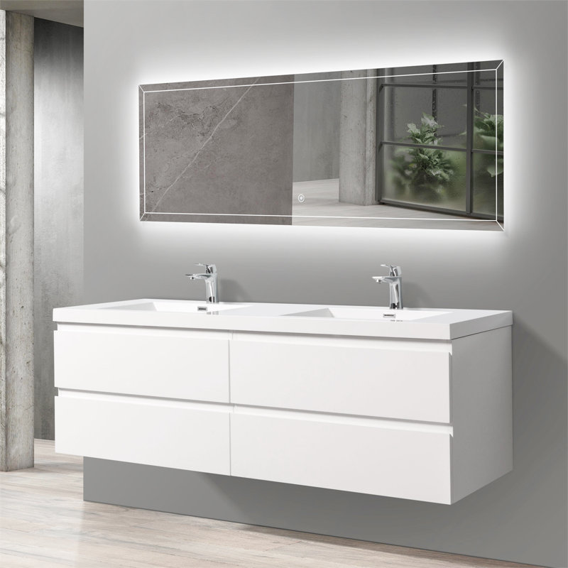 Carol-Ann 71" Fully Assembled Wall Mounted Double Bathroom Vanity with Stone Resin Vanity Top, Glossy White