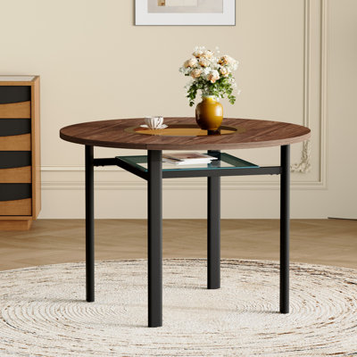 Table de salle à manger 42 "ronde avec incrustation de verre brun - Table de cuisine en grain de bois noyer avec tablette de rangement en verre et pieds en métal noir mat (4 à 6 places)