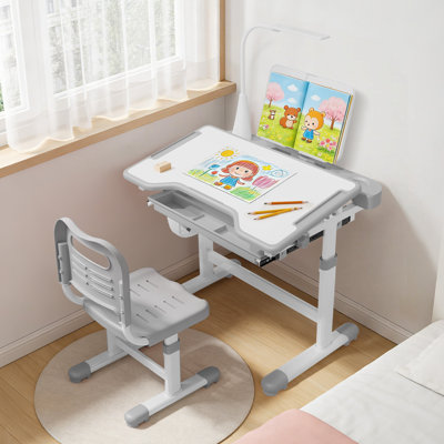 Ensemble de bureau et de chaise pour enfant réglable avec lampe à DEL, bureau inclinable et tapis de peinture en silicone, table d'étude ergonomique pour enfants de 3 à 12 ans