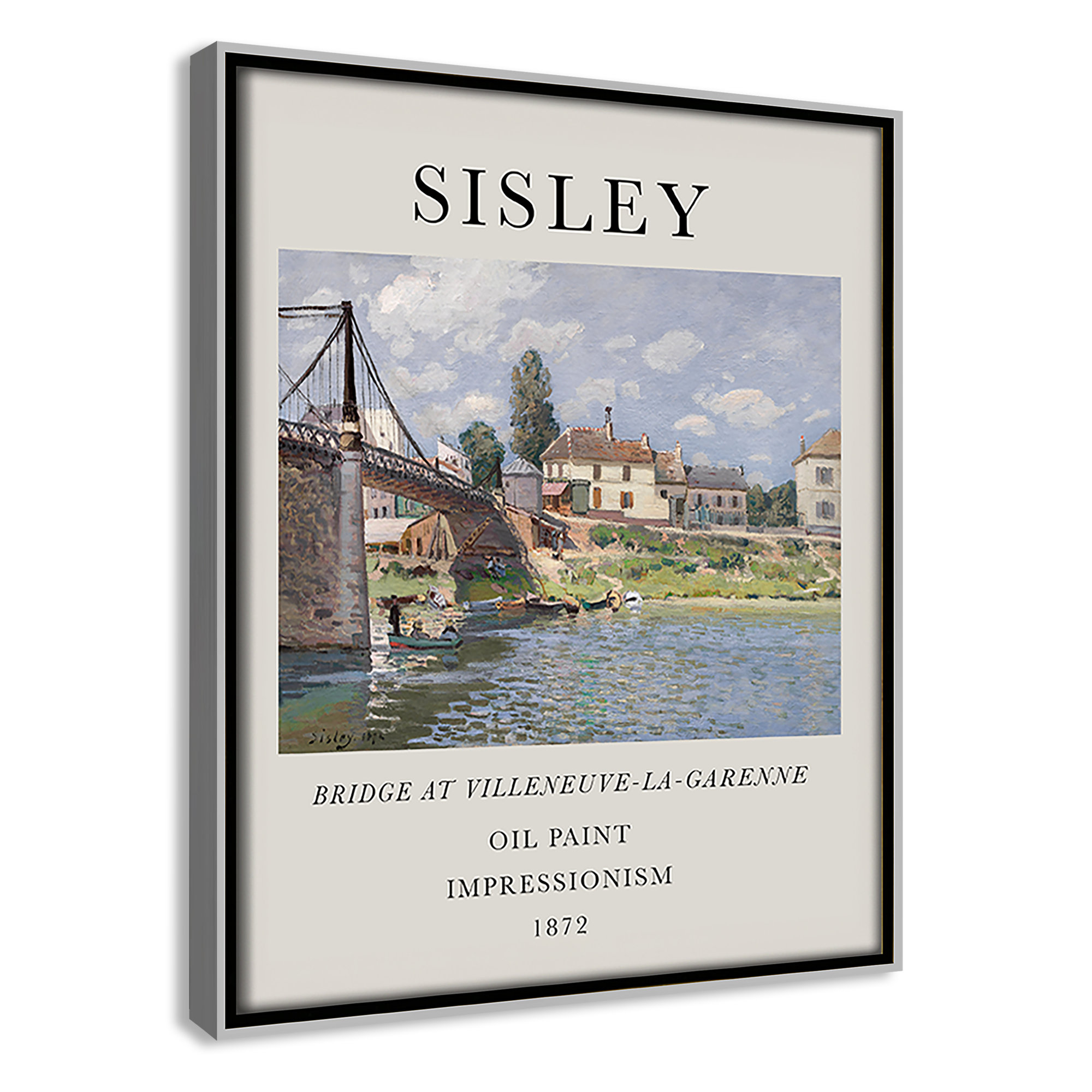 Old Masters Collection " The Bridge At Villeneuve " by Alfred Sisley, Silver Floater Frame, 11.5" H x 9.5" W x 2" D, No