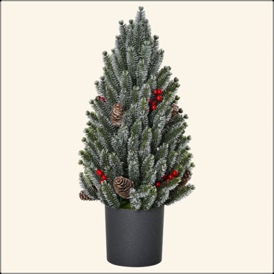 Arbre de Noël artificiel de 18 po de haut miniature enneigé et enneigé, décoration de Noël avec pommes de pin et baies