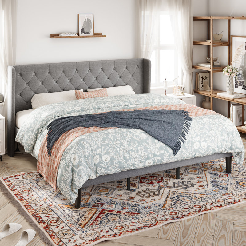 Walace Upholstered Wingback Bed, King, Light Gray