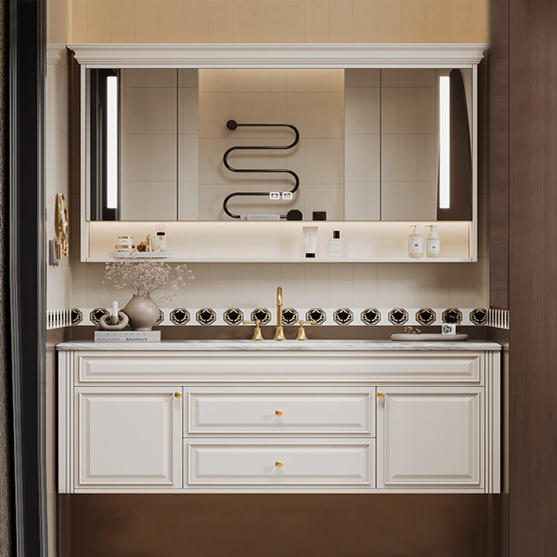 Armoire de salle de bain de style américain rétro, H 21,65 po x l 62,99 po x P 21,65 po, Blanc cassé