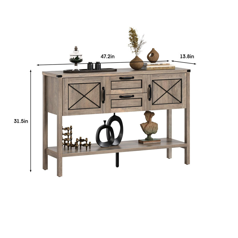Console Table With Storage Drawers And Bottom Shelf, Greige