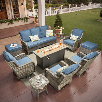 Adams 9- Person Outdoor Wicker Patio Sofa Seating Group With Fire Pit, Ottomans And Cushions