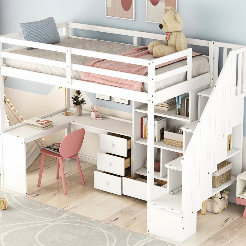 Lit mezzanine simple à économie d'espace avec bureau en L, tiroirs, armoire et escalier de rangement - couleur blanche et structure stable
