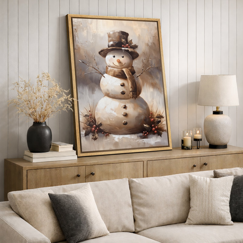 Charmant bonhomme de neige souriant avec écharpe et chapeau haut de forme, H 36 po x l 24 po, Cadre naturel flottant