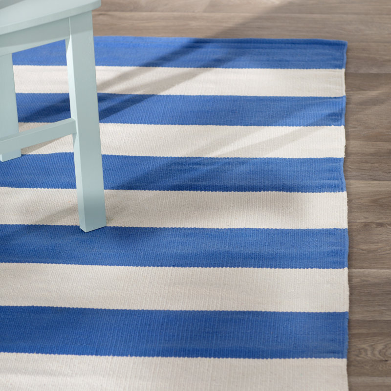 Brookvale Striped Handmade Flatweave Cotton Blue/Ivory Area Rug, Rectangle 4' x 6'