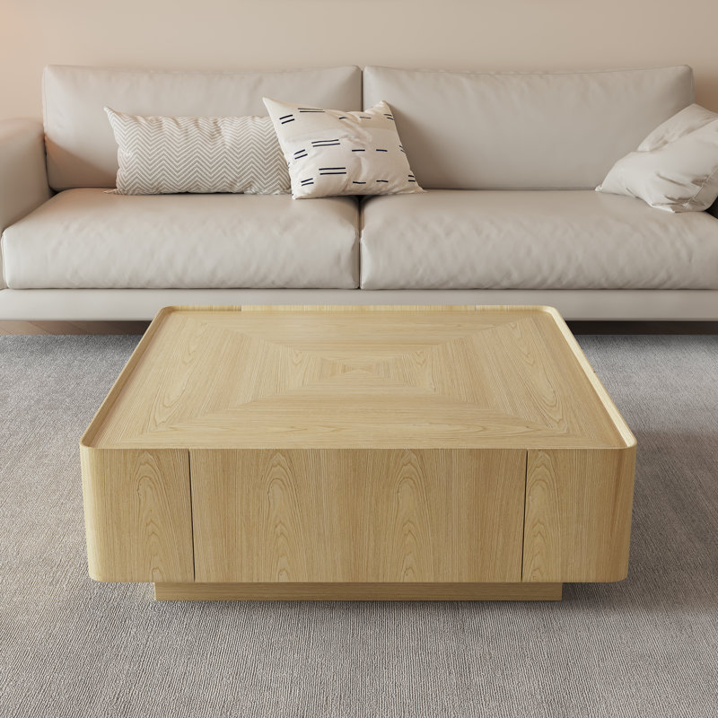 Table basse simple carrée en noyer avec rangement, H 15,75 po x l 35,43 po x P 35,43 po, Bois de chêne