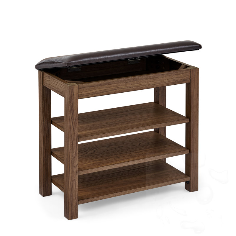 Wooden Frame Shoe-Changing Bench With PU Leather Seat And Open Shelves