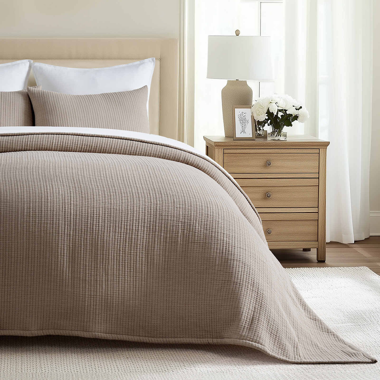 Cotton Gauze Coverlet Set, Queen Quilt + 2 Queen Shams, Mocha Brown