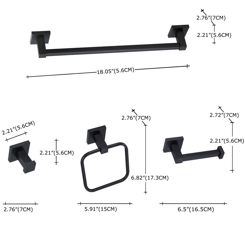 4-Piece Modern Bath Hardware Set with Towel Bar,Towel Ring,Toilet Paper Holder and Robe Hook, Matte Black