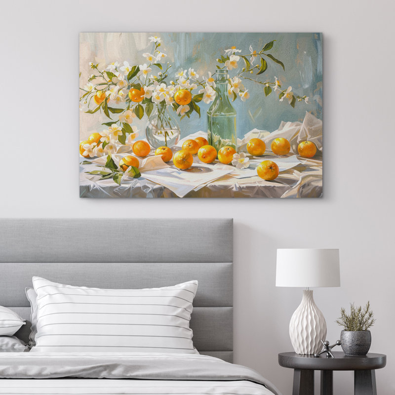 Aquarelle pastel, fleurs orange clair, fruits, œuvre d'art, photos de salon, Toile tendue, H 12 po x l 18 po