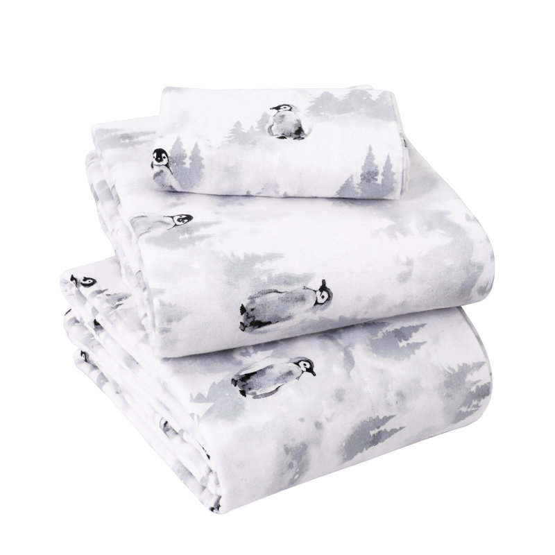 Colyt 100% Cotton Flannel Sheet Set, Twin Sheet Case Pack+Fitted Sheet + 2 Pillowcase, Penguin