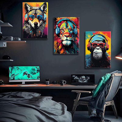 3Pcs Gaming Wall Art Animal Graffiti Posters Pictures With Headphones Sunglasses Gorilla Tiger Wolf Cool Gamer Canvas Prints Colorful Graffiti Paintings For Teens Game Boys Room Wall Decor Framed
