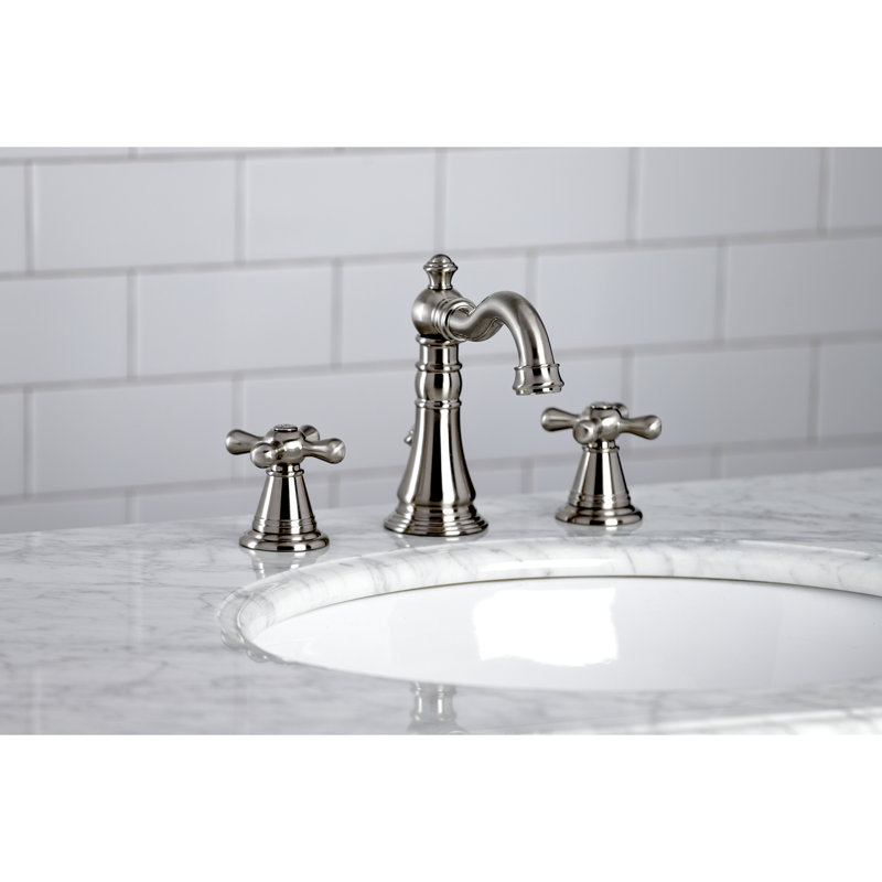 Kingston Brass American Classic Two-Handle 3-Hole Deck Mount Widespread Bathroom Faucet with Pop-Up Drain, Brushed Nickel