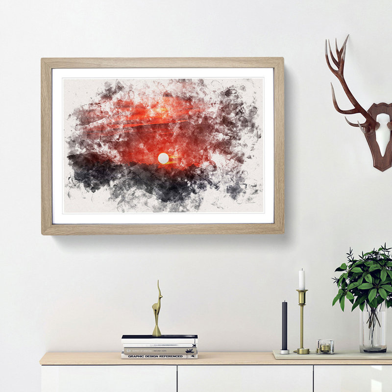 Deep Red Sunset In Italy - Picture Frame Painting, 62cm H x 87cm W x 2cm D, Oak Framed
