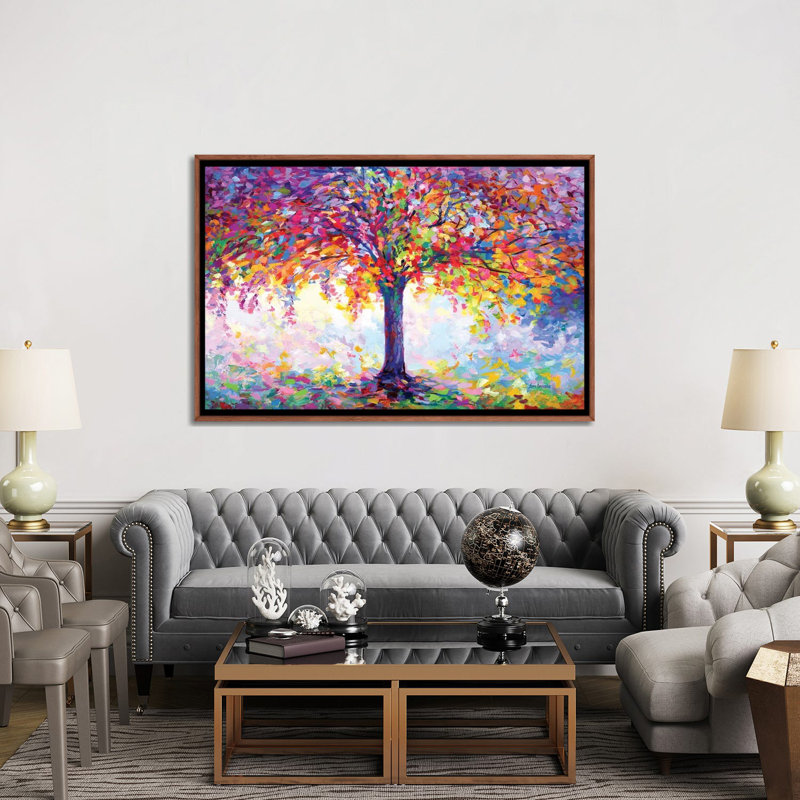«Tree of Happiness» par Leon Devenice, H 32 po x l 48 po, Impression encadrée, Bois foncé rustique