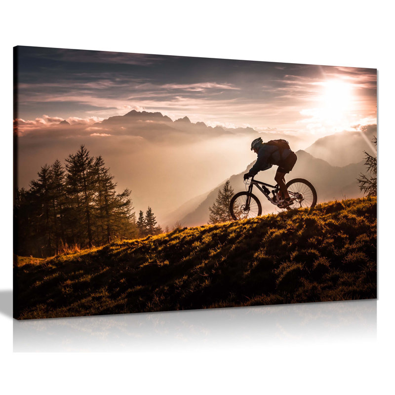 Biker Down The Hill Sunset - Wrapped Canvas Print, 61cm H x 91cm W