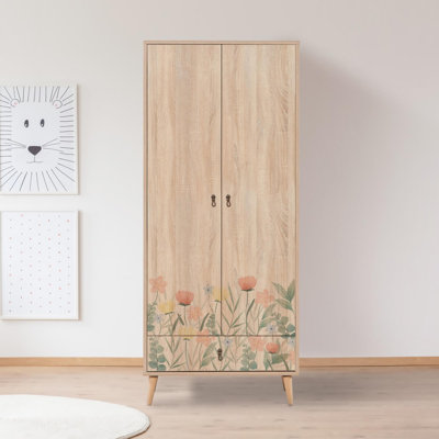 Modern Wardrobe with Wooden Legs, 31.5 x 75.0 x 17.7 inches | 100% Melamine Coated Particle Board, UV Digital Printing | Features Numerous Shelves, Wall-Mountable, Stylish Flower Design for Extra Storage