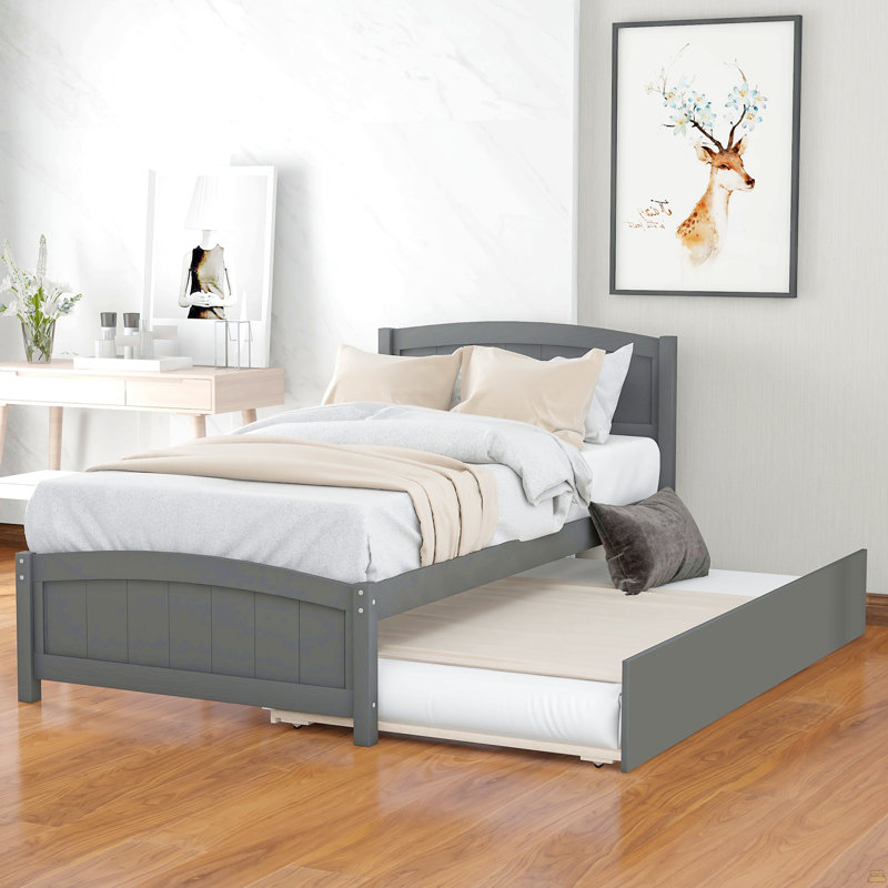 Twin Size Platform Bed With Trundle, Gray