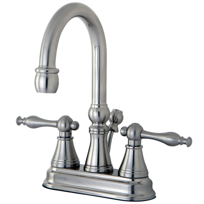 Kingston Brass Naples Two-Handle 3-Hole Deck Mount 4" Centerset Bathroom Faucet with Brass Pop-Up, Brushed Nickel