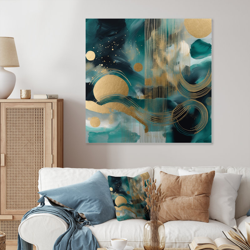 Vivid Emeral and Gold Contours Circles III - formes abstraites, art mural en métal, H 29 po x l 29 po