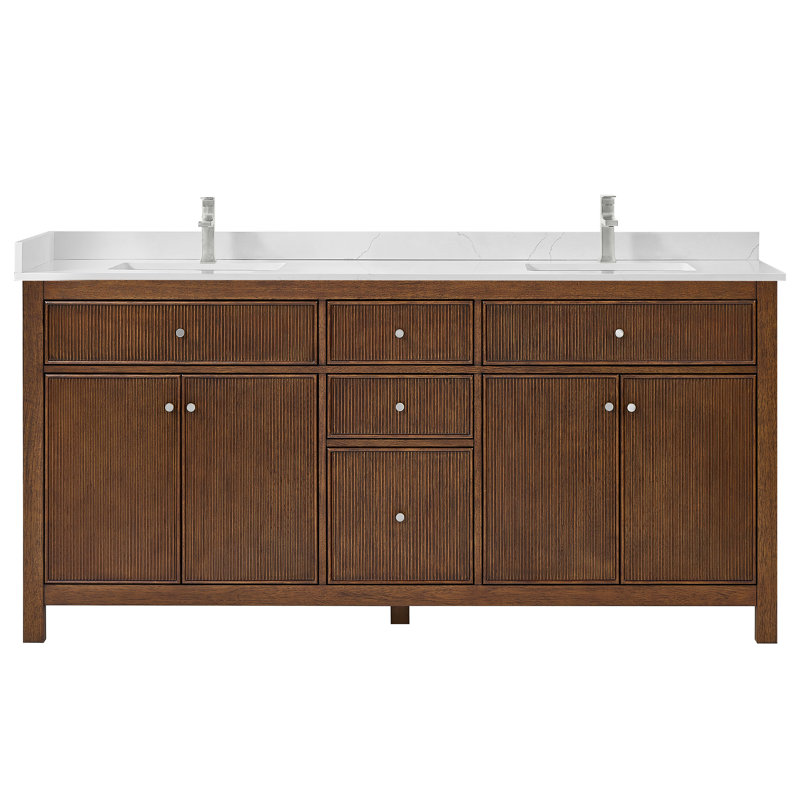 Elan TK 66" Freestanding Double Bathroom Vanity with Cultured Marble Top, Carrara Cultured Marble, Brushed Gold, Tanned Oak