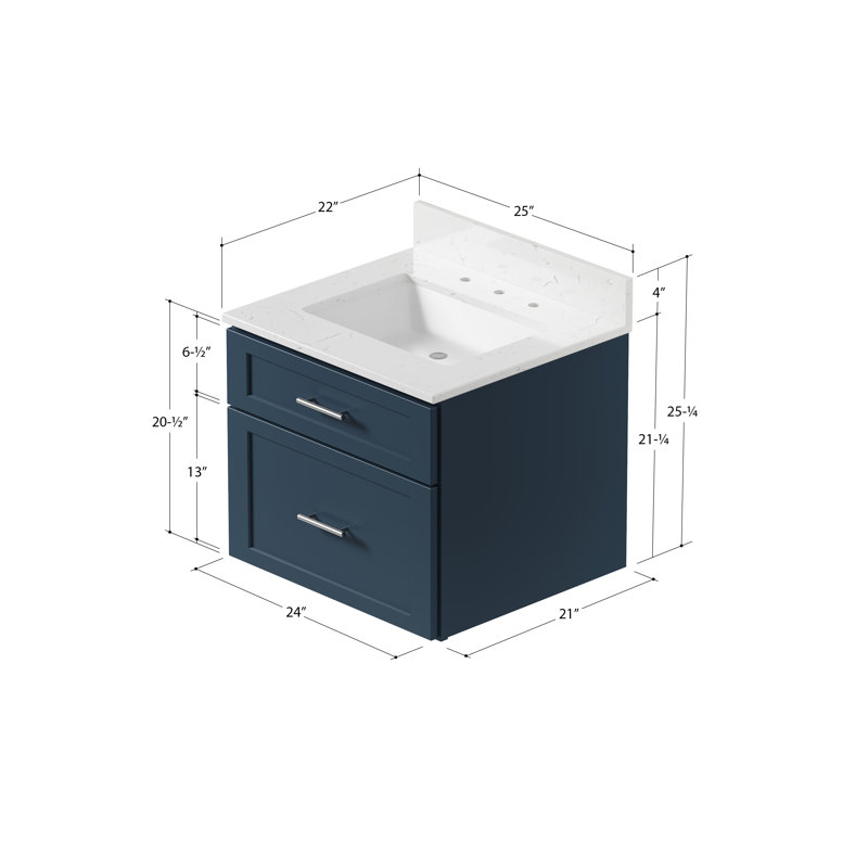 Meuble-lavabo mural 24 po avec comptoir en quartz Carrara, Bleu
