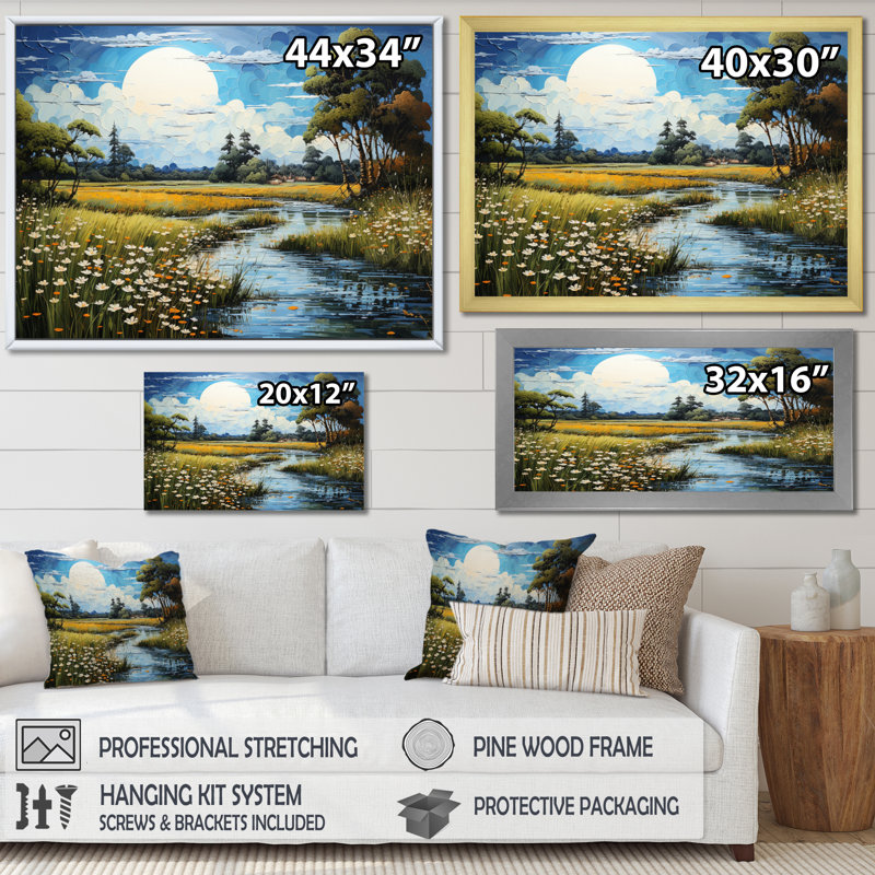 Countryside Tranquil Pond Landscape, reproduction d'art sur toile, H 24 po x l 32 po x P 1 po, Cadre doré à une seule photo