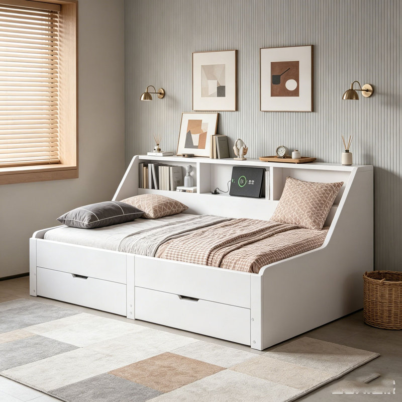 Lit de jour avec bureau, rangement et lumière DEL, Blanc