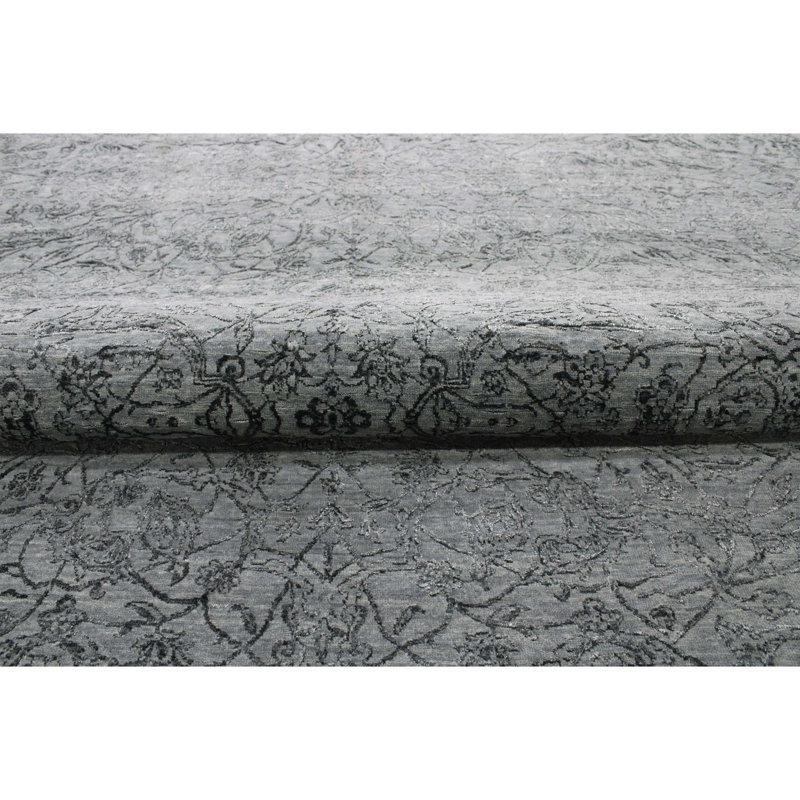 Hand Knotted Damask Area Rug in Charcoal/Blue, Rectangle 8' x 10'