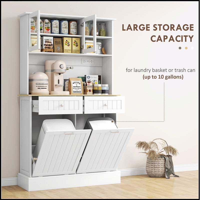 Armoire de cuisine autoportante avec station de charge, bacs à ordures inclinables et tablettes réglables pour les cuisines modernes