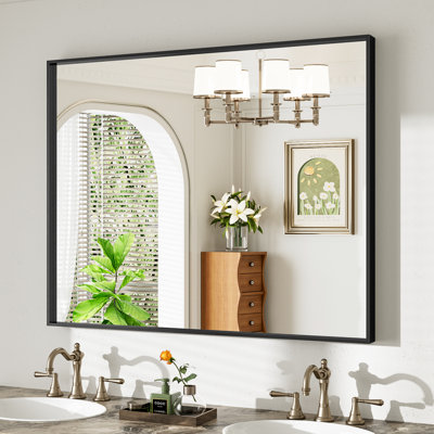 Miroir de meuble-lavabo avec cadre en alliage d'aluminium noir mat et verre trempé HD idéal pour la salle de bain, le vestibule et le salon