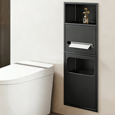 Three-Tier Stainless Steel Recessed Toilet Niche With Built-In Tissue Holder And Hidden Trash Can, 3-In-1 Bathroom Organizer
