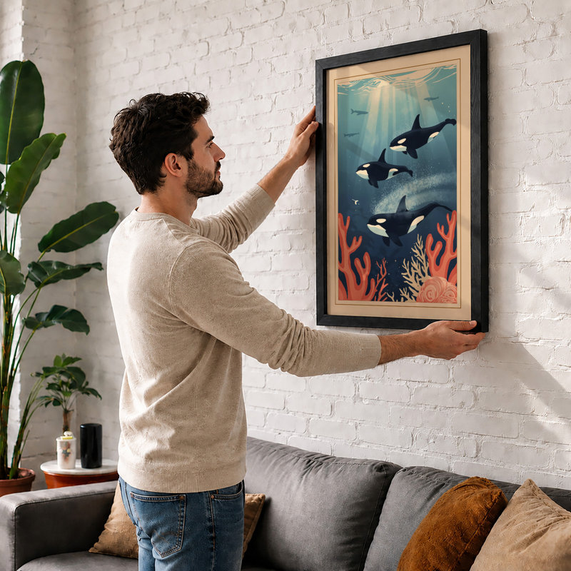 Whales in Blue Depths Coastal - Framed Print, A1 - 84.1 x 59.4 cm, Oak